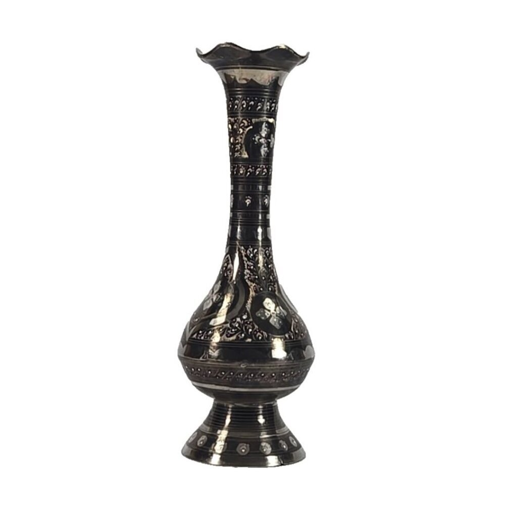 Vintage Handcrafted Metal Vase Floral Etched Indian Art Metalwork Décor